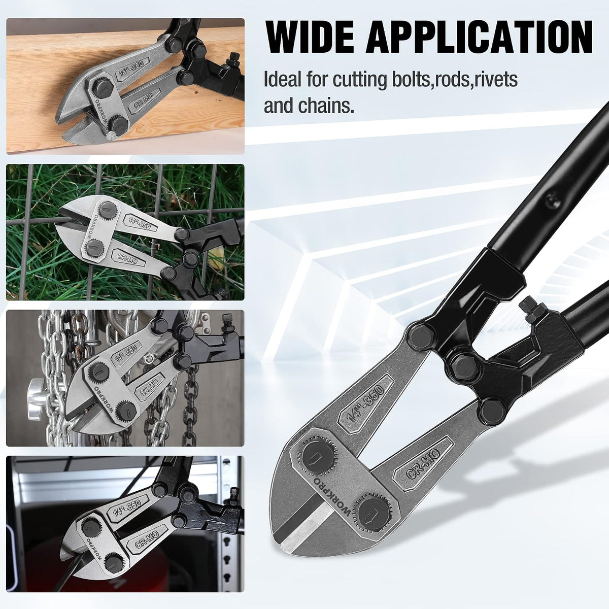 Workpro 14 inch bolt cutter with silver drop-forged chrome molybdenum steel jaws and black handles.