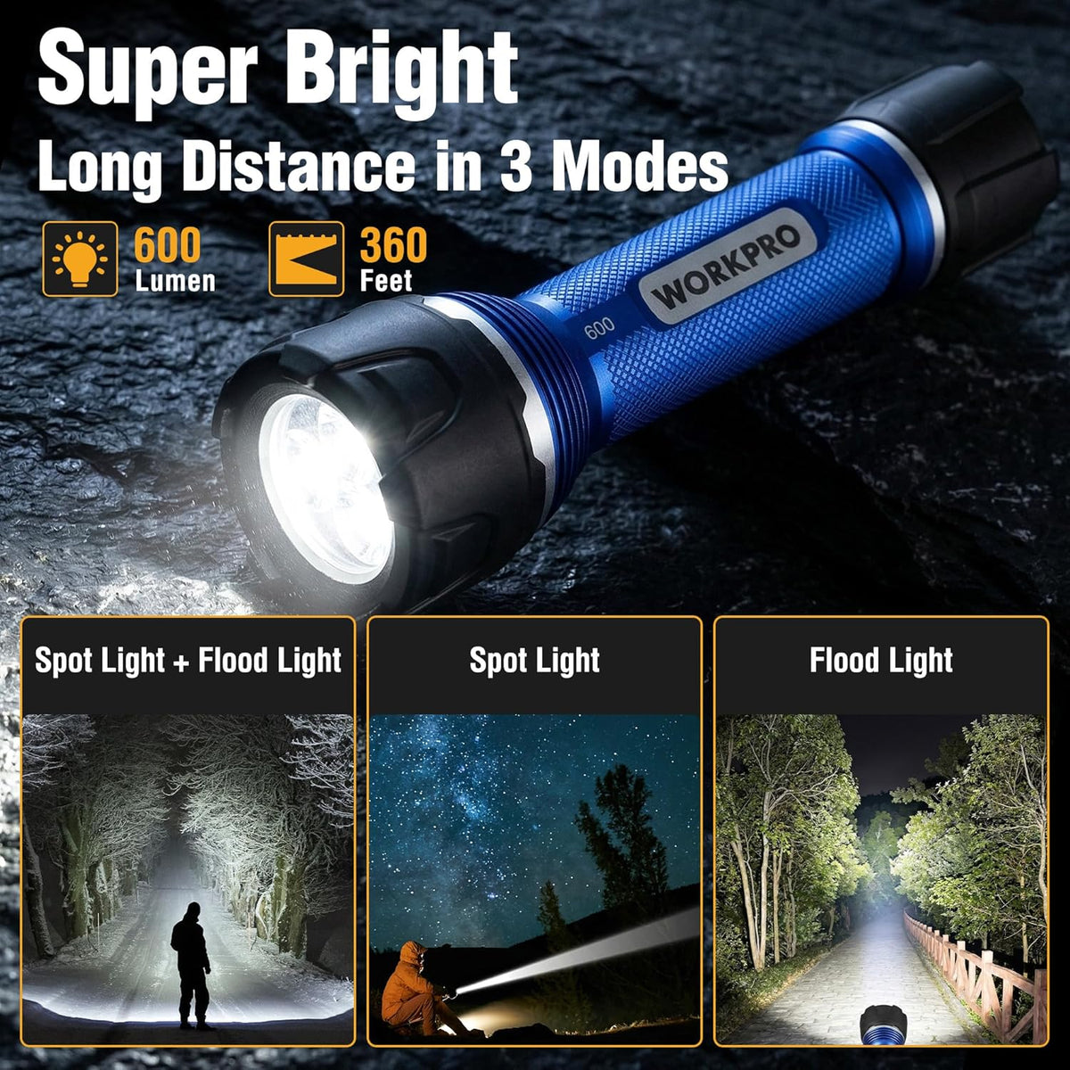 Blue-and-black LED flashlight with textured grip and wide front lens.