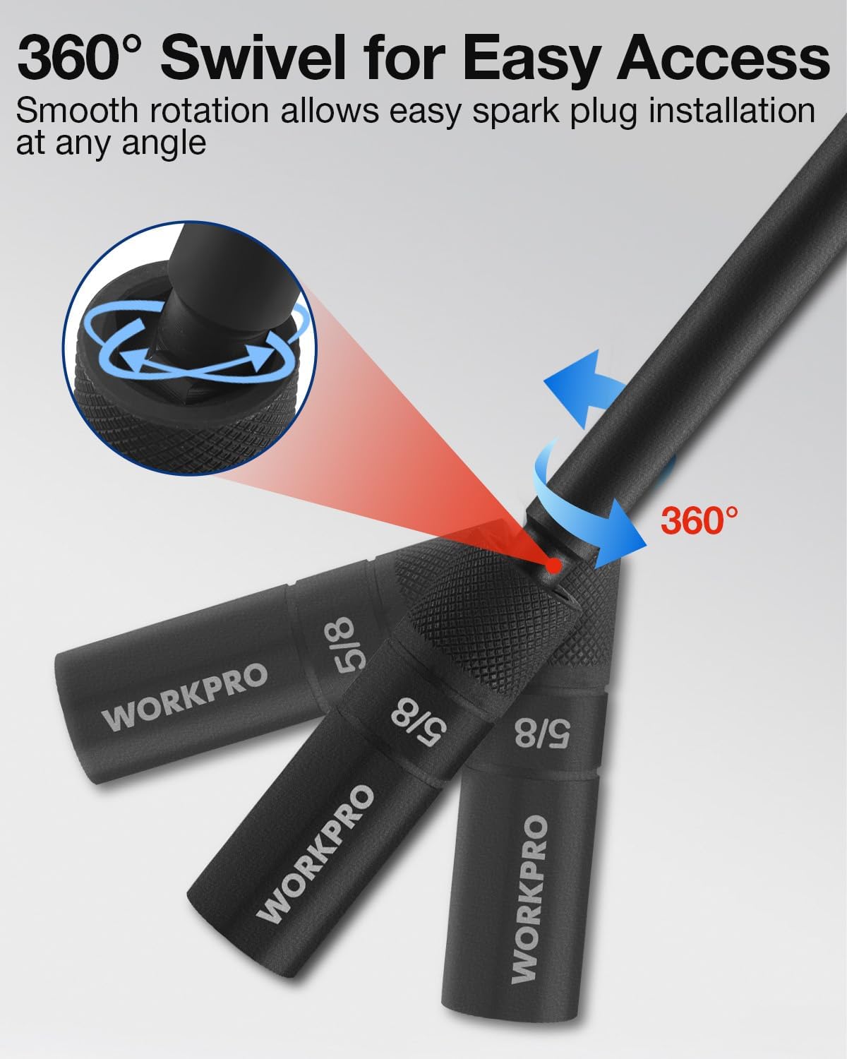 Black 5/8 in spark plug socket with knurled anti-slip grip and 360° swivel
