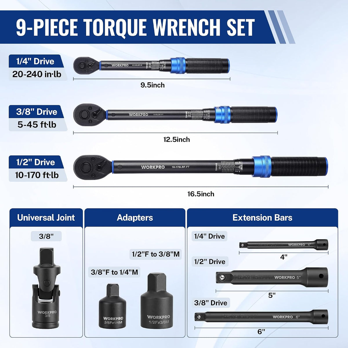 Workpro 9 piece click torque wrench set in black and blue with knurled handles, Cr-Mo steel ratchet heads and adapters