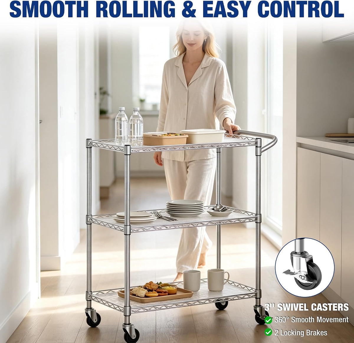 Workpro three-tier utility cart in silver finish with smooth rolling casters and locking brakes for secure parking