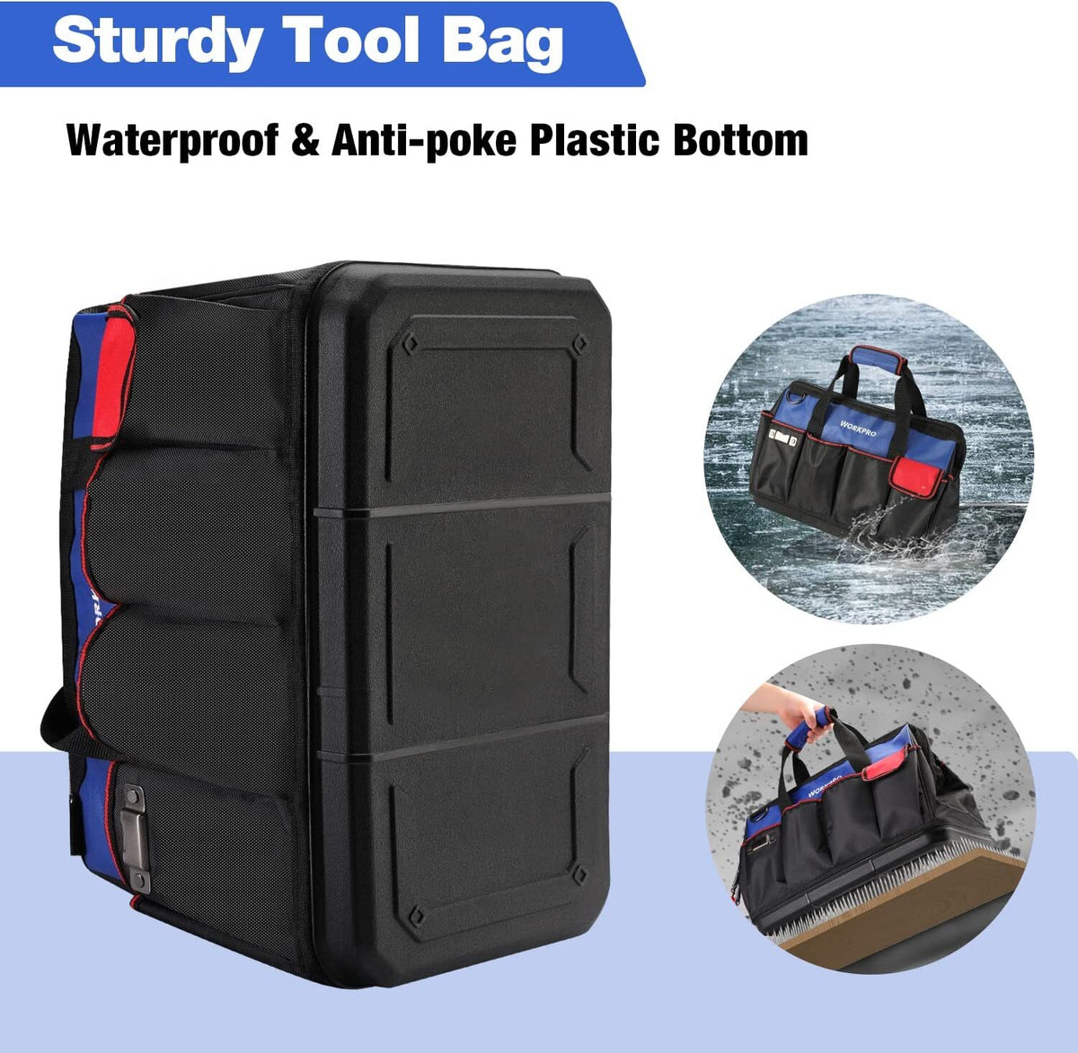 WORKPRO 18 inch tool bag in black with innovation quality durable waterproof base and secure storage