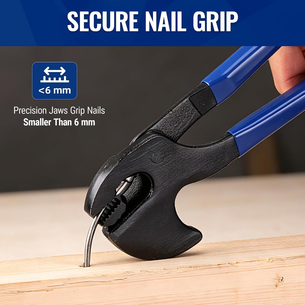 Workpro high leverage nail puller pliers with blue handles and a curved head gripping a nail under 6 mm from wood surfaces.