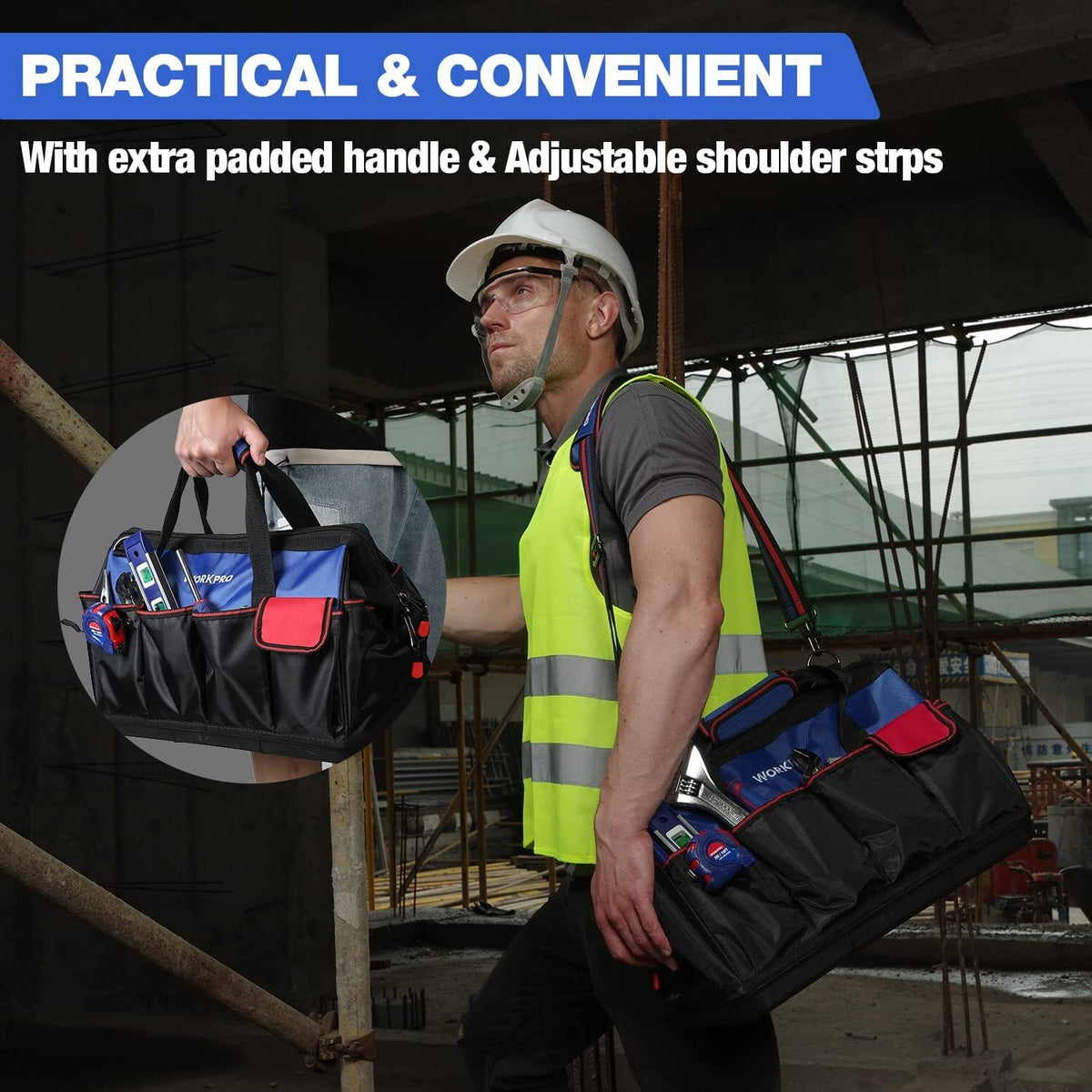 WORKPRO 18 inch tool bag tote waterproof with base, innovation quality and durable secure carrying on job sites