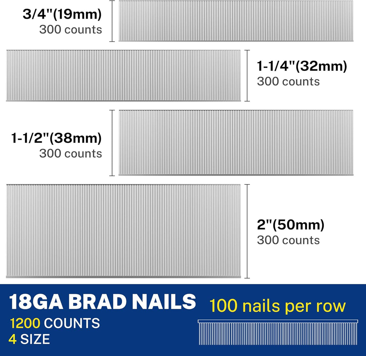 18-gauge brad nails pack showing four lengths (3/4, 1-1/4, 1-1/2, 2 in), silver