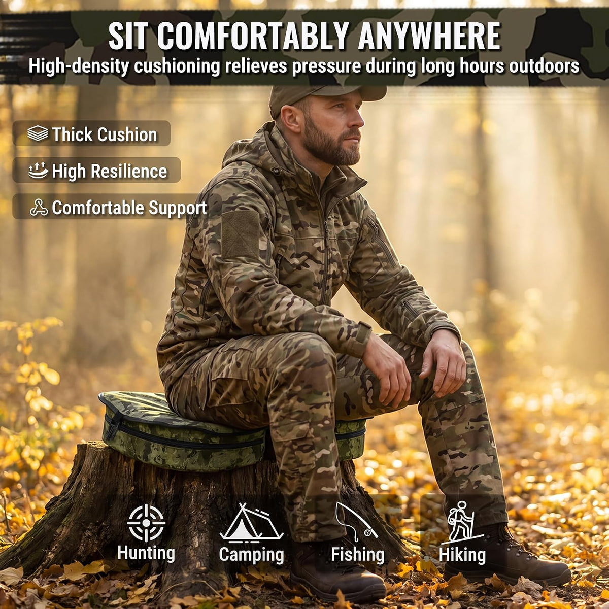 WORKPRO Hunting Seat Cushion in camo with durable quality innovation, secure portable fold for outdoor sitting