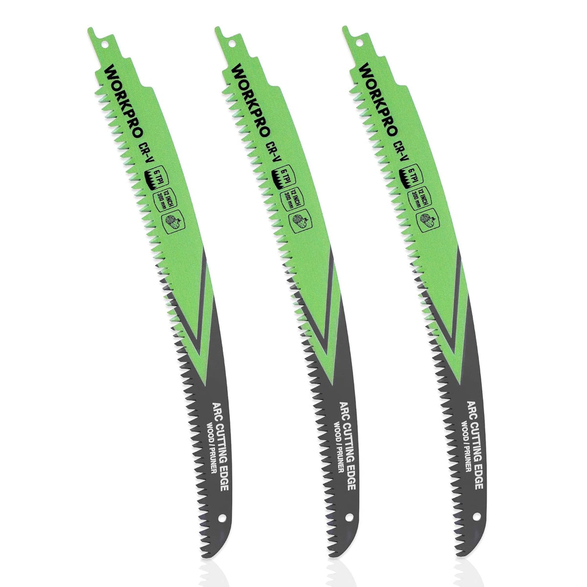 Set of three WORKPRO 12 in reciprocating saw blades, 6TPI arc edge for wood pruning