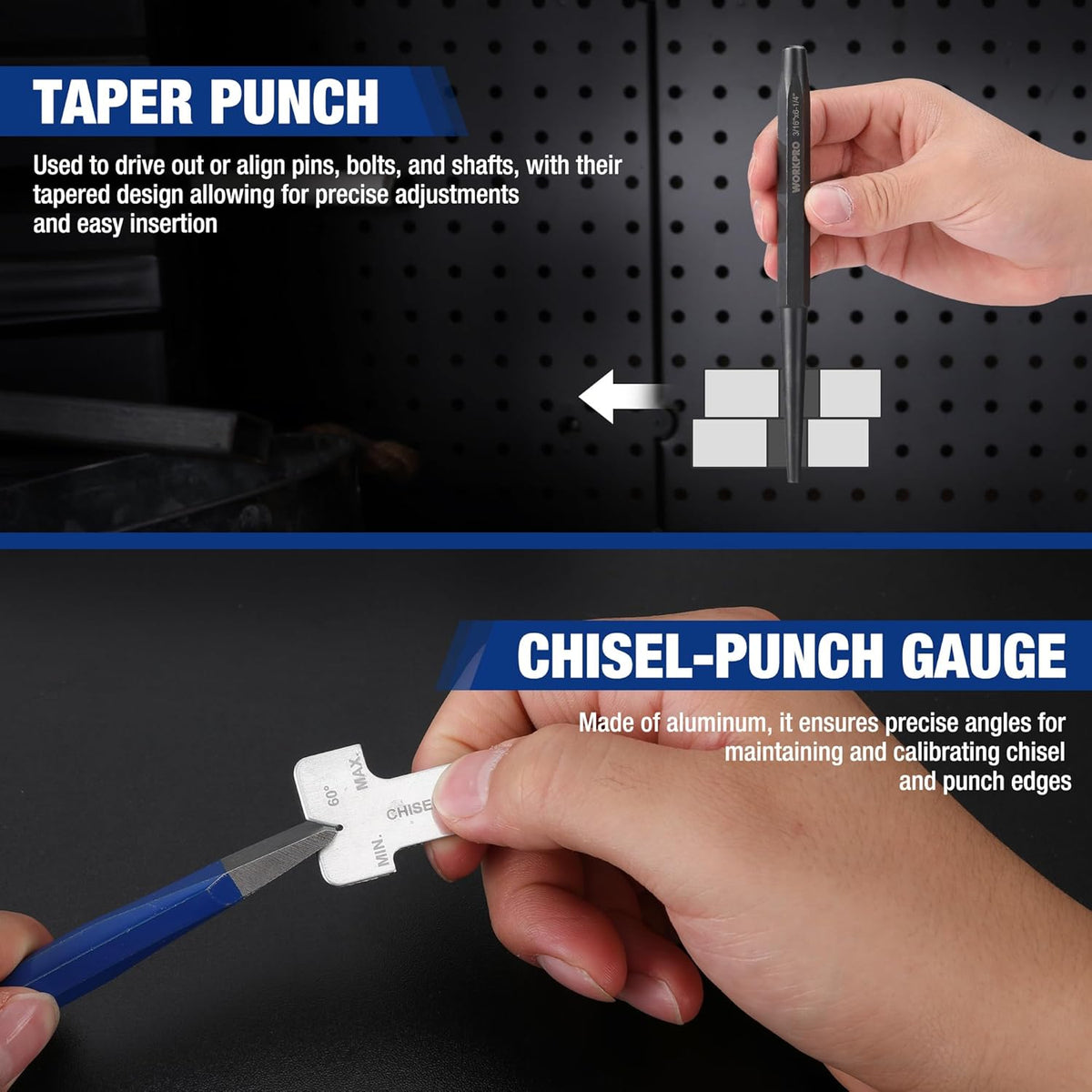 Taper punch and chisel-punch gauge tools with blue handles for precise metal work.