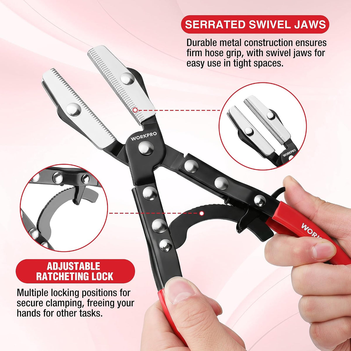 Ratcheting hose clamp pliers set, black jaws with silver teeth and red handles