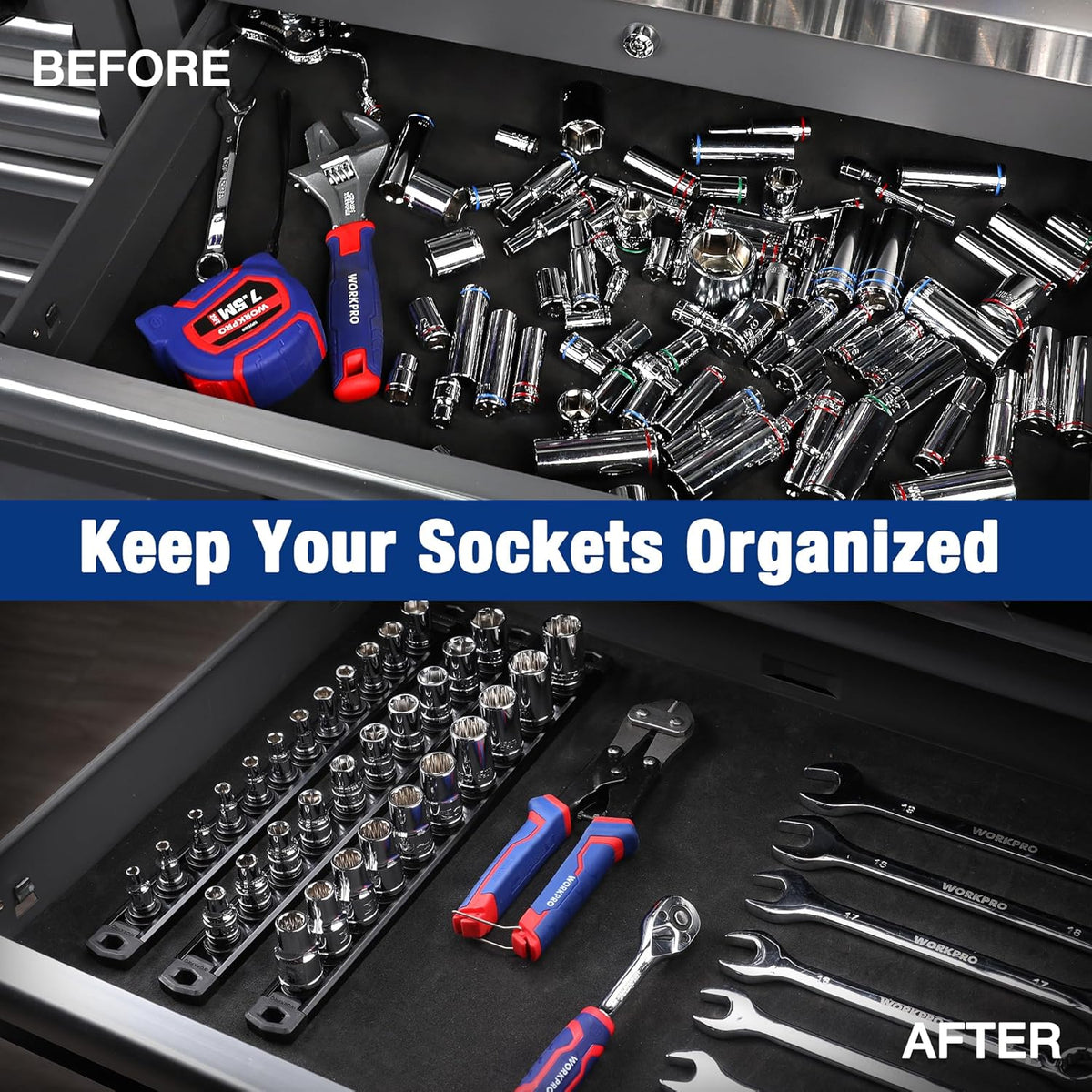 Black magnetic socket organizer rail with multiple socket positions and clips