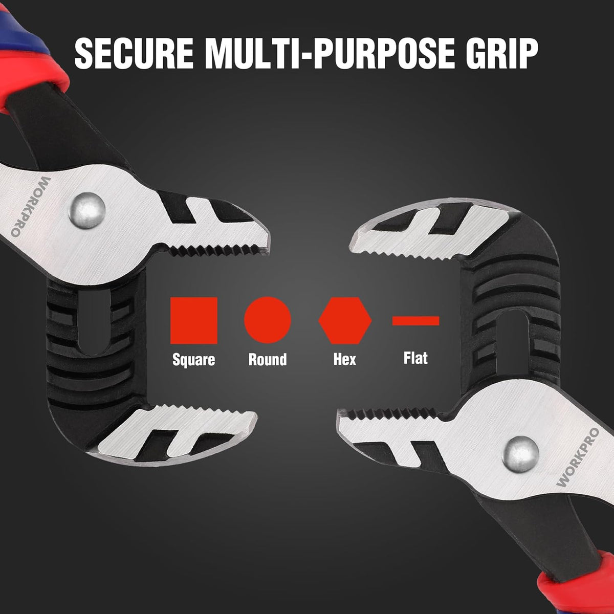 Adjustable groove jaw pliers showing grip types for square, round, hex, and flat sizes
