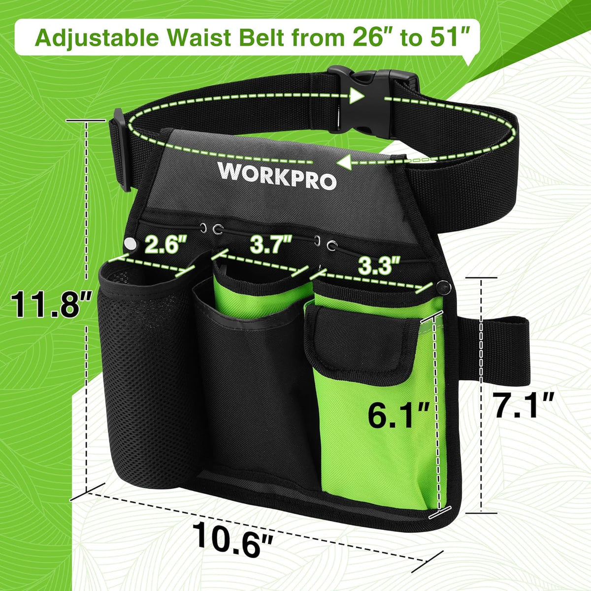 Garden tool belt pouch with adjustable waist strap, five pockets, black fabric and green trim