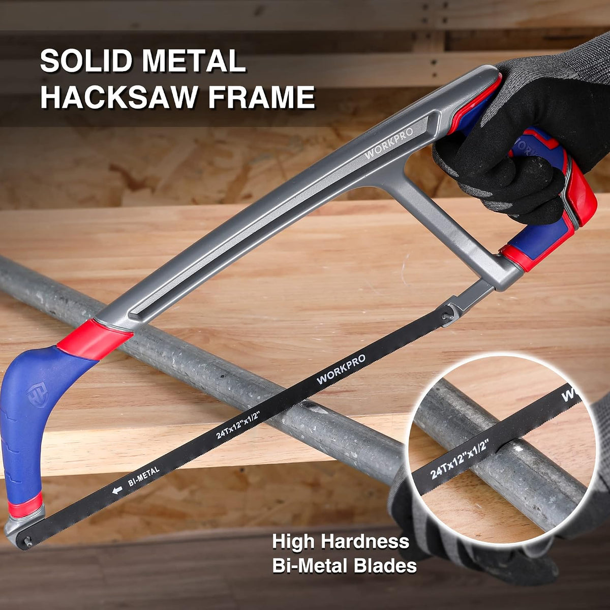 Workpro 12 inch hacksaw with two extra bi-metal saw blades featuring a solid metal frame and high hardness cutting edge