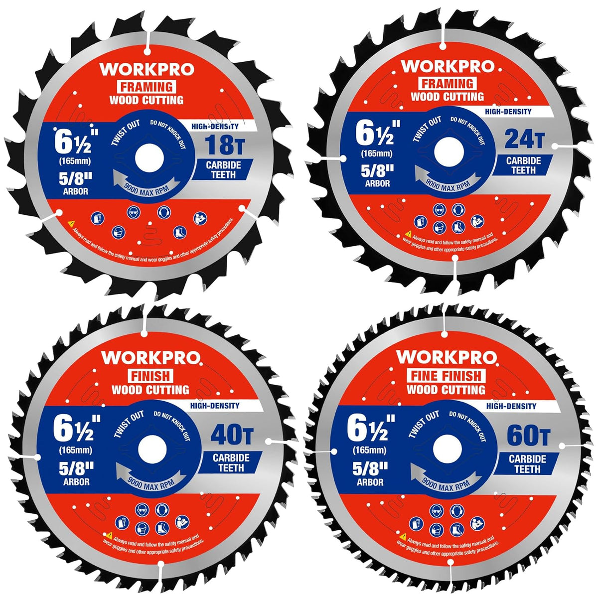 4-pack 6-1/2 in circular saw blades, carbide tipped, 18T 24T 40T 60T ATB