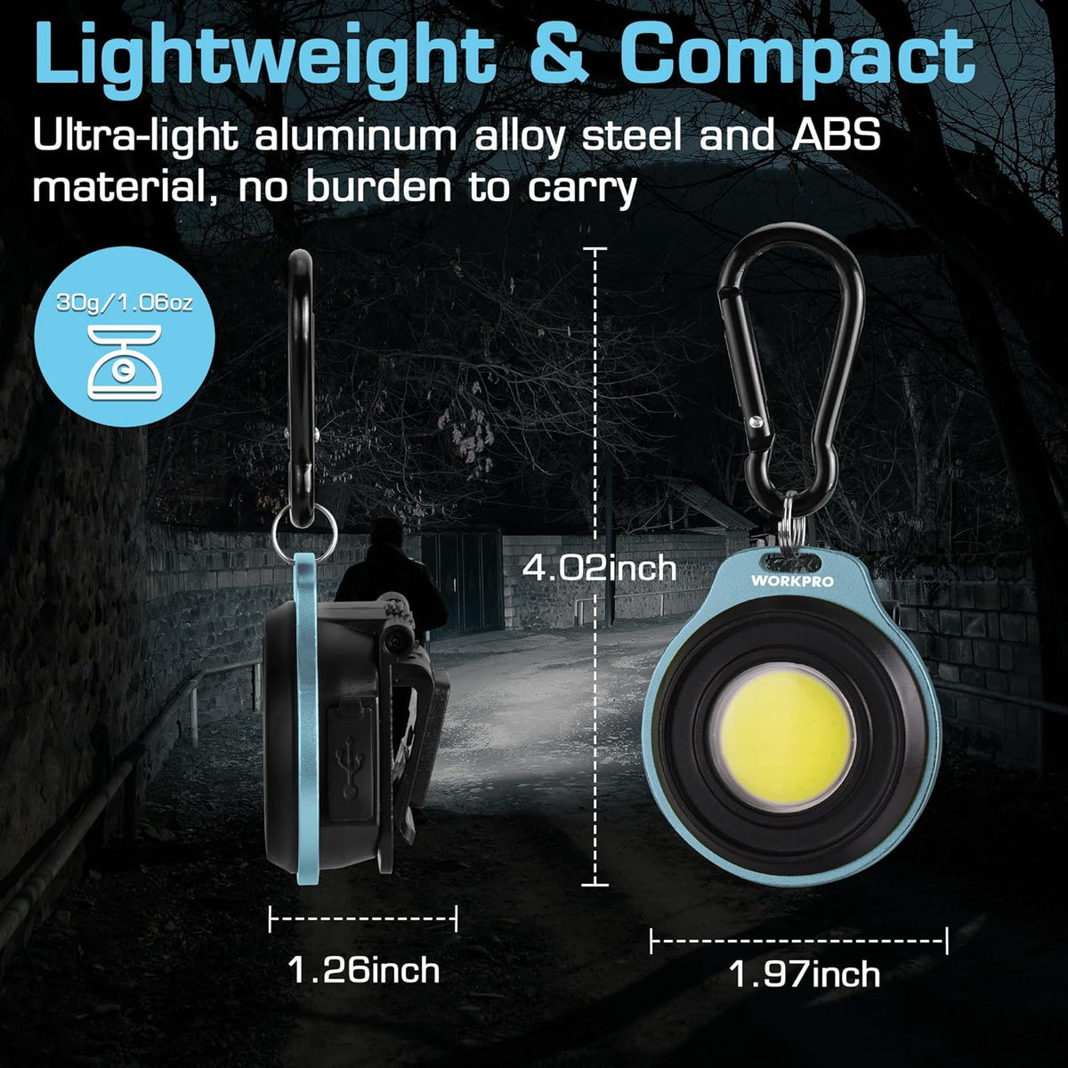 WORKPRO compact keychain flashlight with carabiner clip, teal frame and yellow front lens