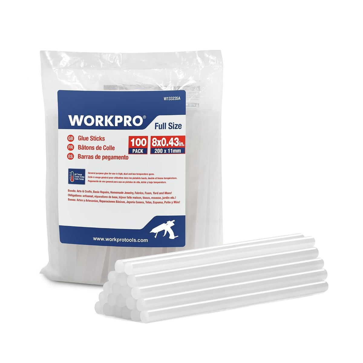 WORKPRO full-size hot glue sticks, 100-pack, white, 8 in length, 0.43 in diameter