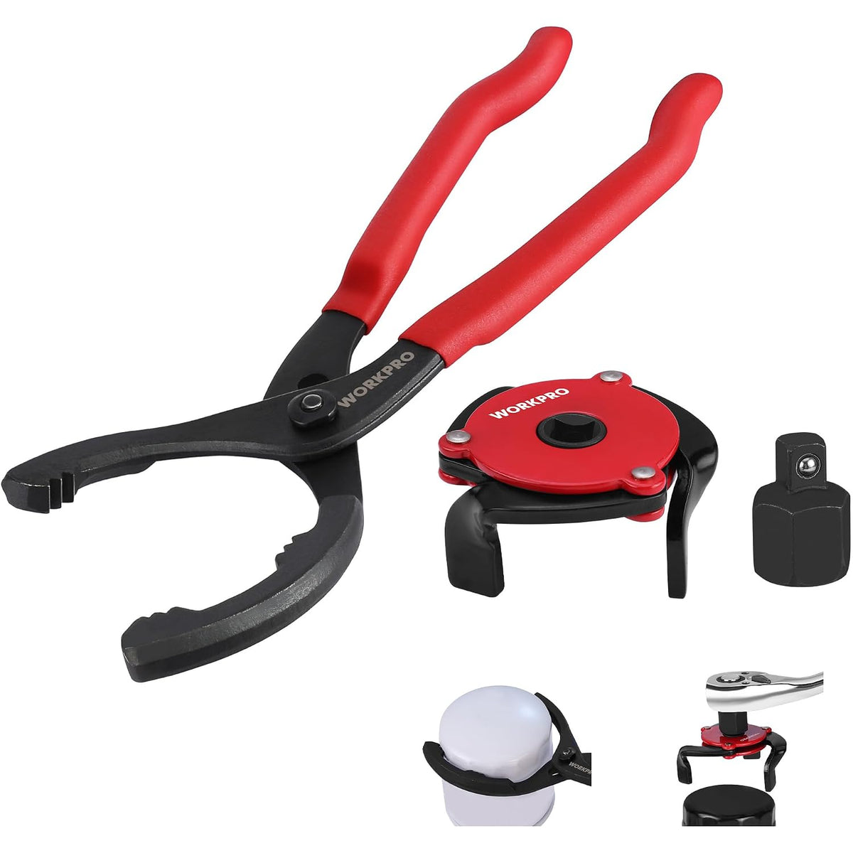 WORKPRO oil filter plier kit with red handles, 3-claw wrench, and included adapter piece