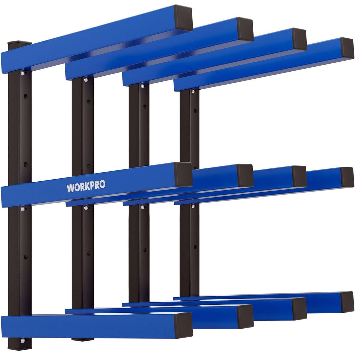 Workpro three tier wall mounted lumber storage rack in blue with an epoxy sealed rust resistant finish.