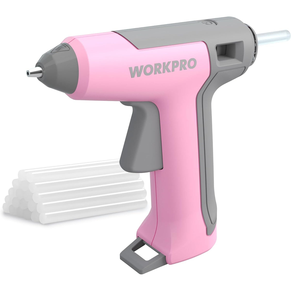 Pink WORKPRO cordless mini hot glue gun with mini glue sticks on display