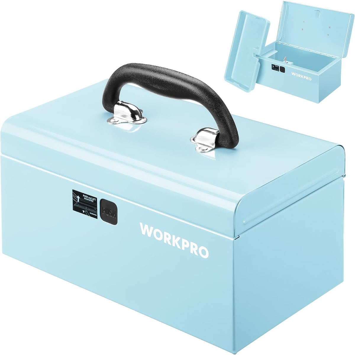 Light blue mini metal tool box with black curved handle and front label