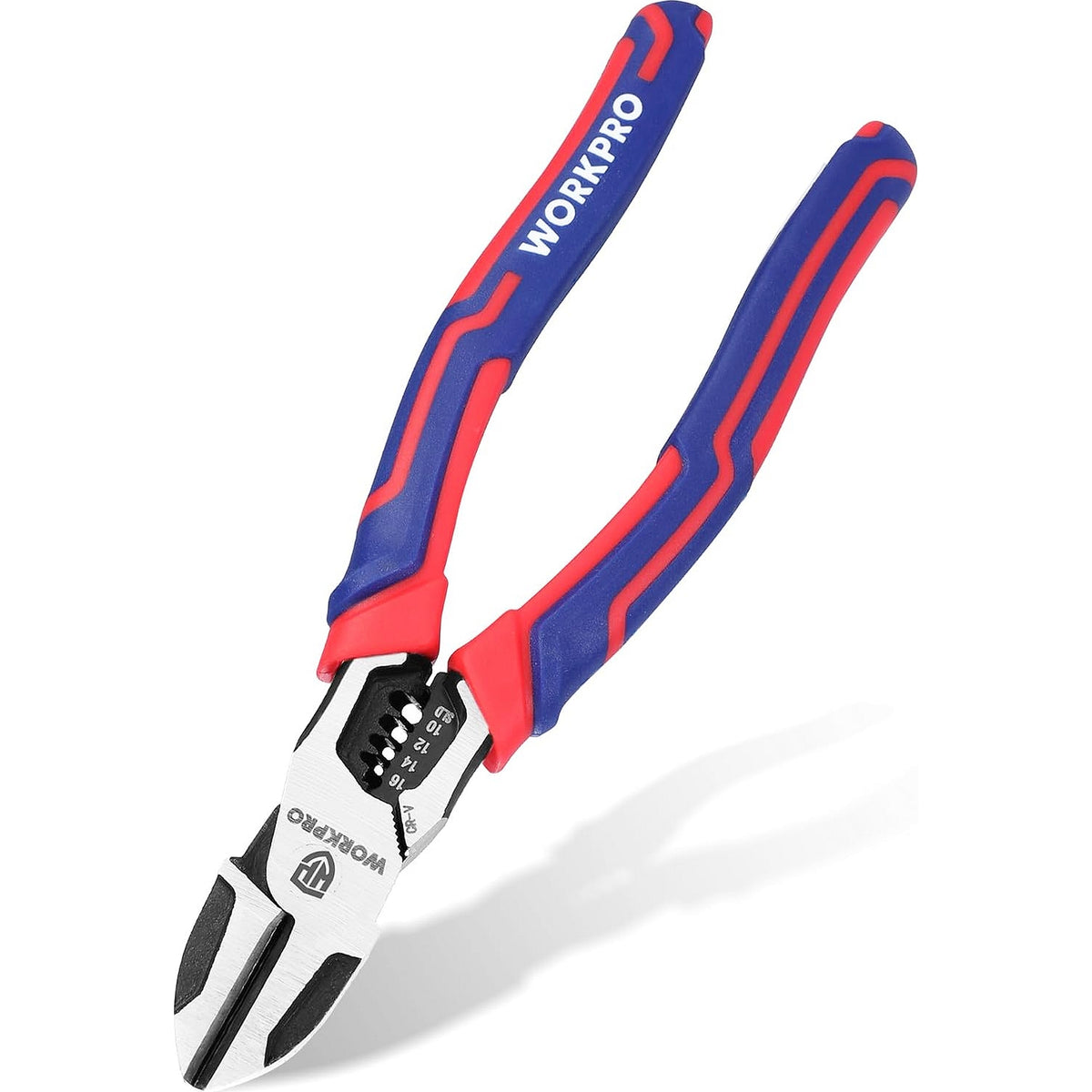 WORKPRO 2-in-1 diagonal cutting pliers with wire stripper in blue and red CRV steel for durable quality