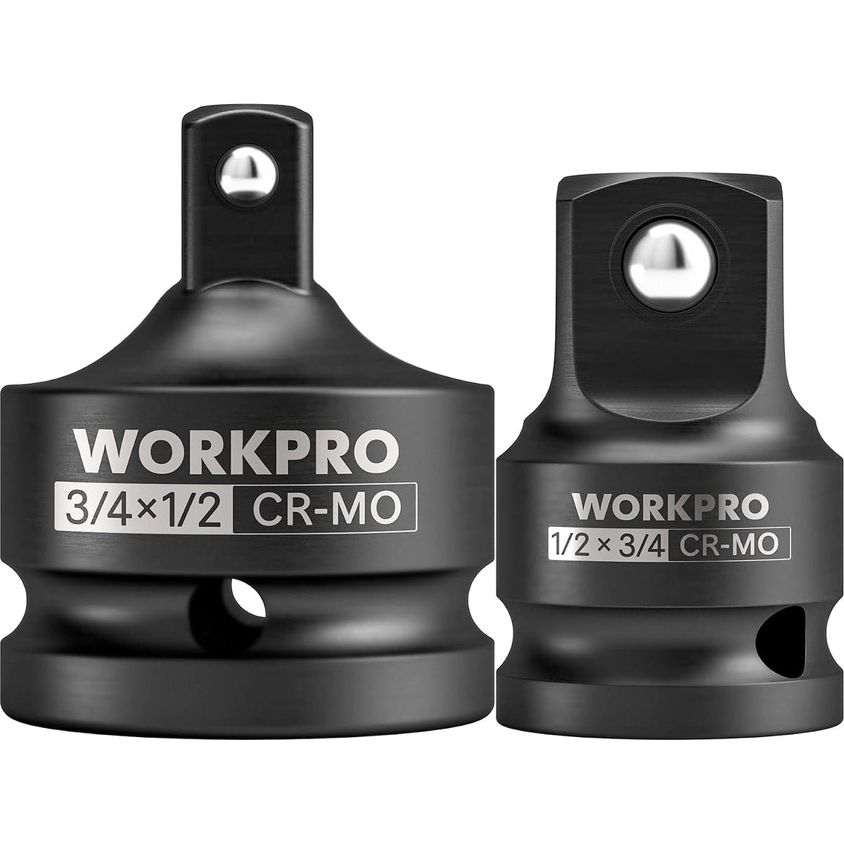 WORKPRO 2 Piece Impact Socket Adapter and Reducer Set in black with secure spring loaded ball detent locking