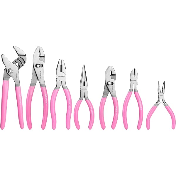 Pink-handled 7-piece pliers set with mixed head styles and insulated grips