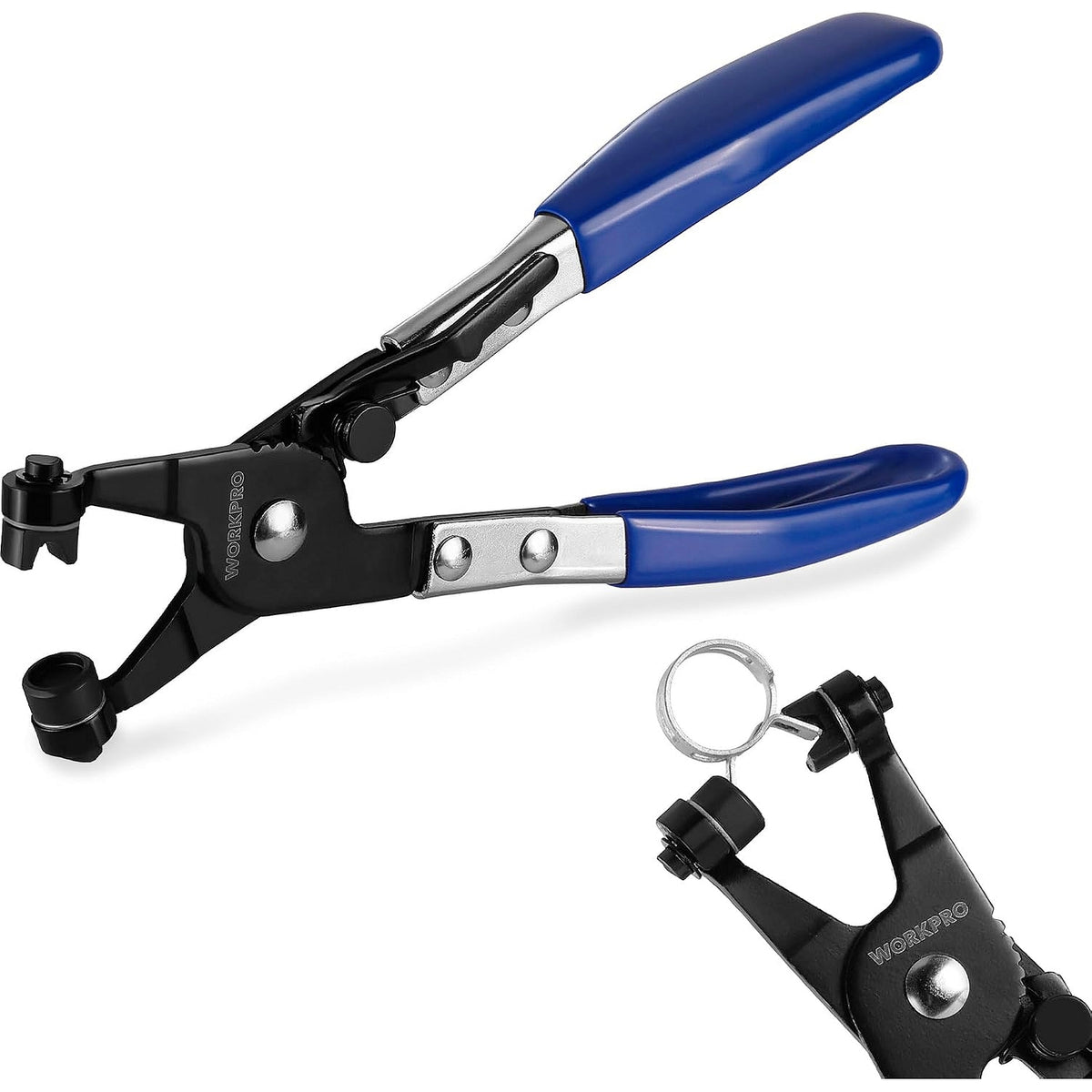 WORKPRO Hose Clamp Pliers with swivel flat band, innovation quality and durable secure grip, blue and black