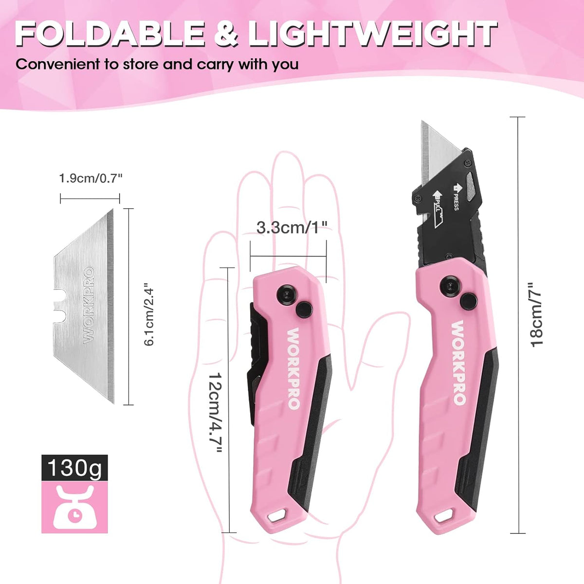 WORKPRO folding utility knife in pink with push-button quick blade change release, durable quality and convenient use
