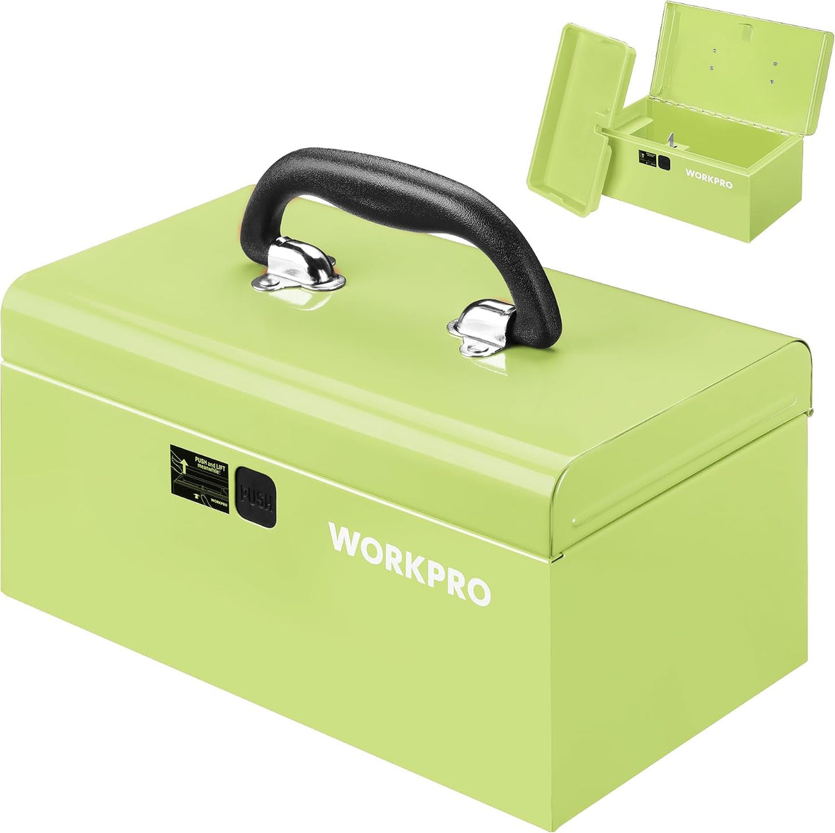 Lime green mini metal tool box with black carry handle and front latch