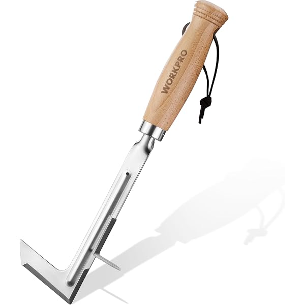Crack weeder tool with L-shaped stainless crevice scraper and beech wood handle