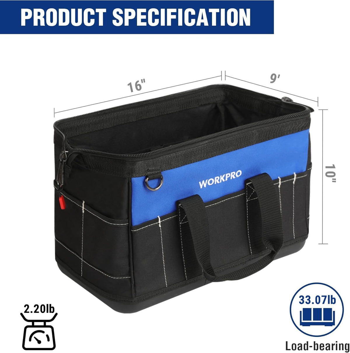 Workpro 16 inch wide mouth tool bag in blue and black with 600D polyester fabric and 13 exterior pockets.