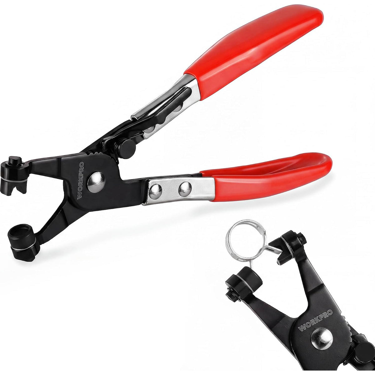 WORKPRO Hose Clamp Pliers Red with swivel flat band jaws for spring hose clamp removal, durable quality