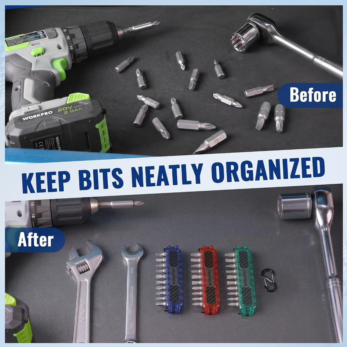 WORKPRO 3-Pack 1/4 in Hex Bit Holders, Bit Organizers with Carabiner