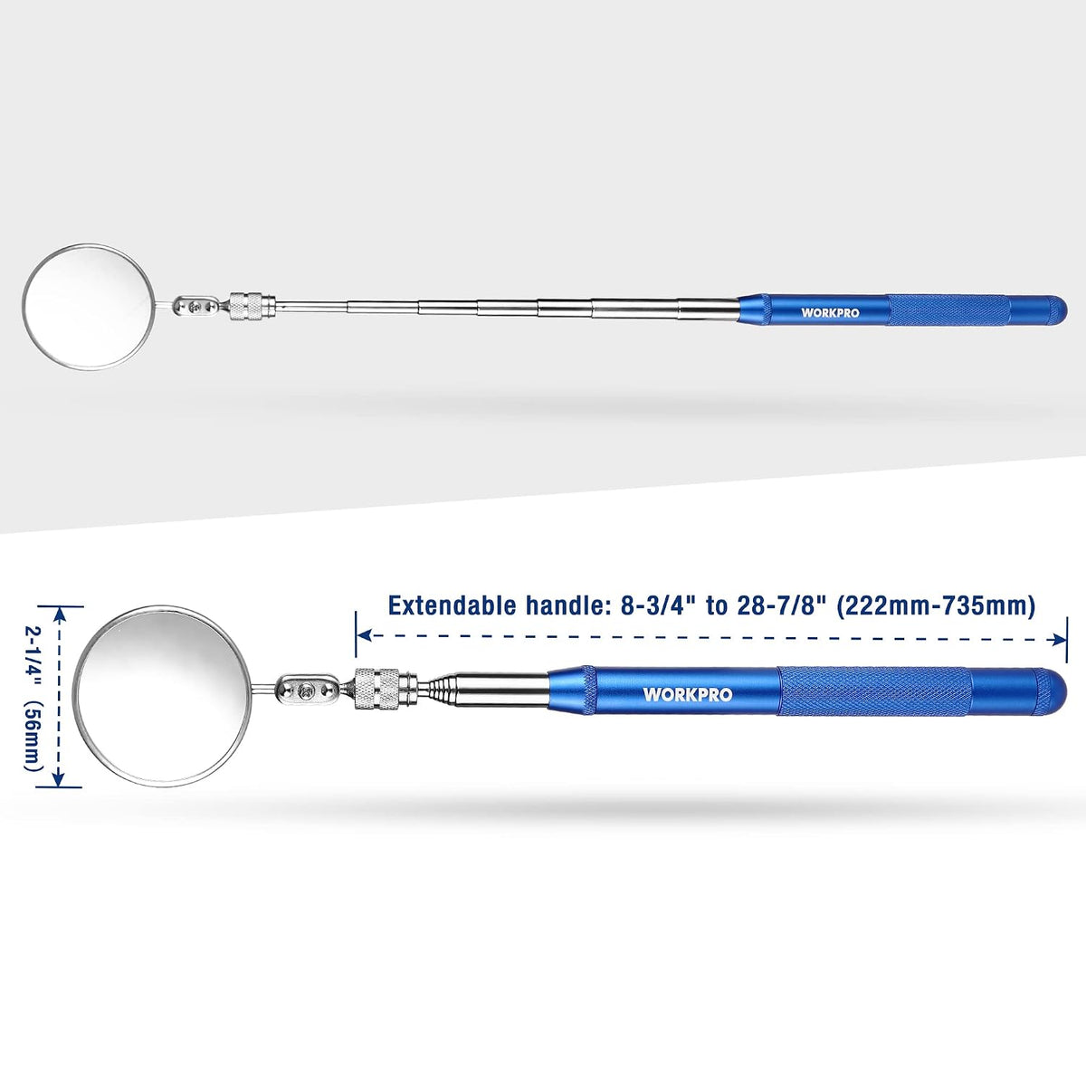 Telescoping inspection mirror with round lens and blue handle, shown extended