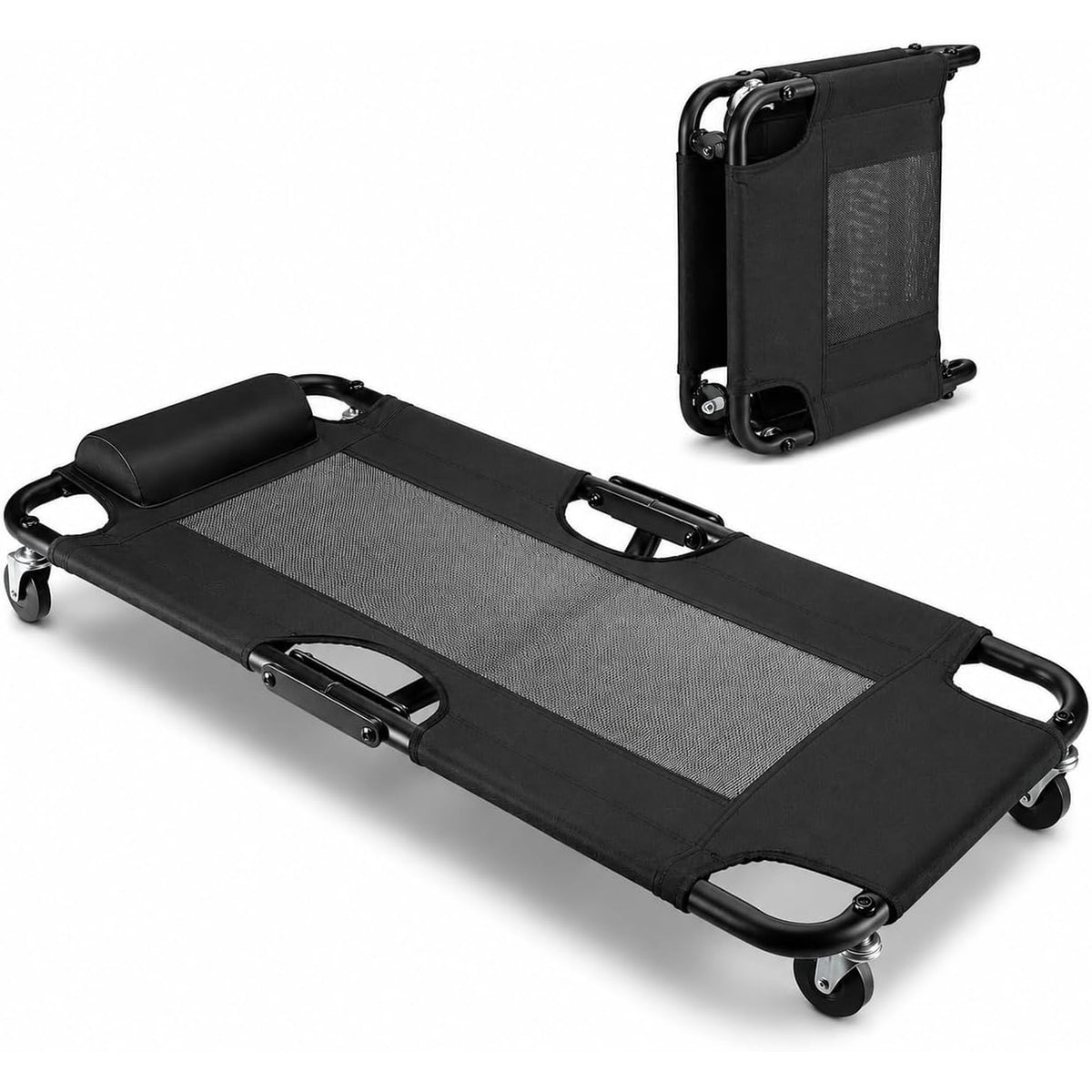 Workpro 40 inch foldable automotive creeper in black with a mesh center and integrated carry handles.