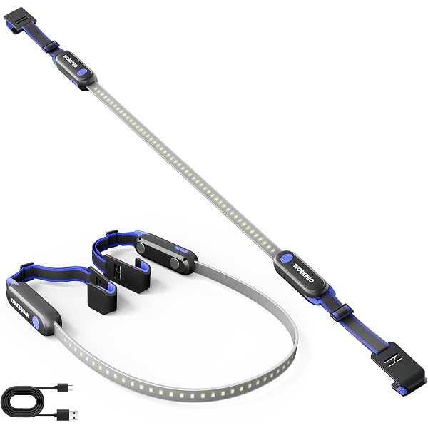 Rechargeable underhood LED work light bar with blue straps, magnetic base, and hooks