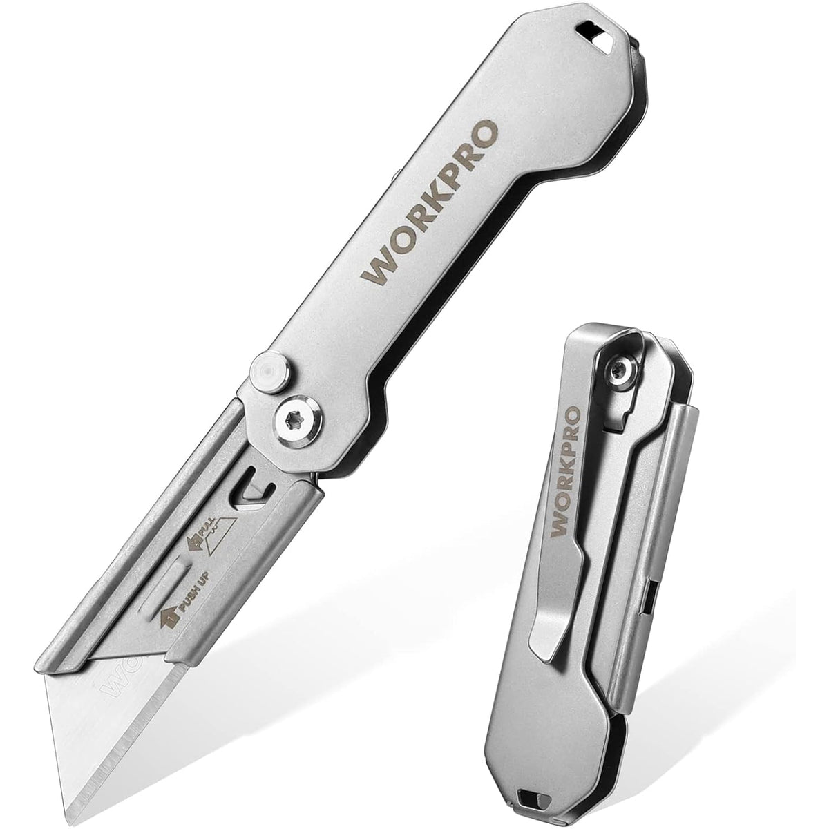 Stainless steel folding utility knife with lanyard hole, showing open blade and closed case