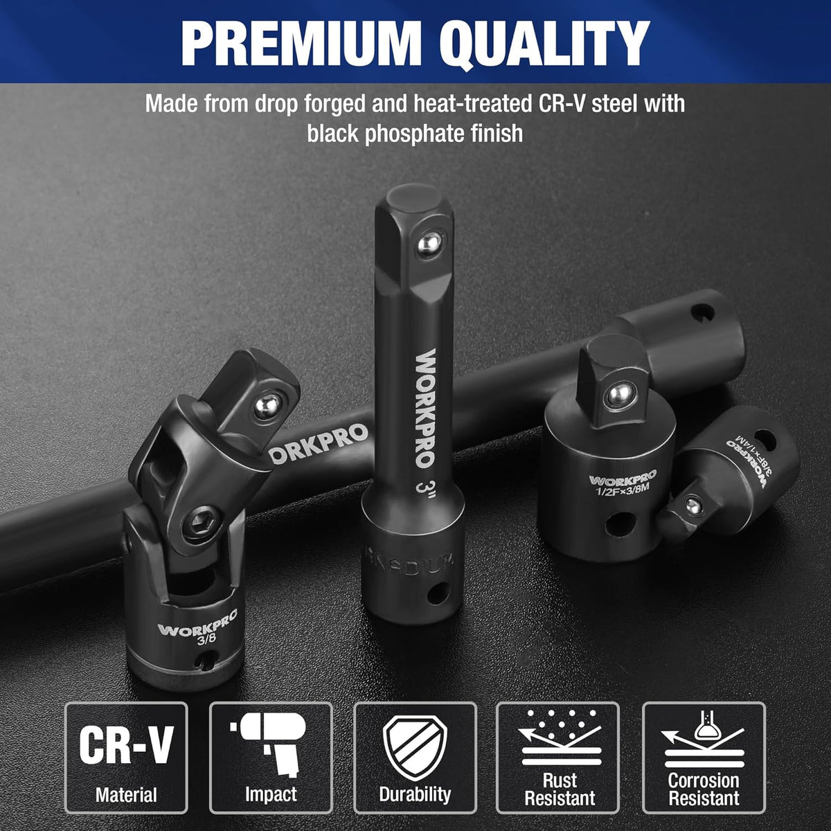 Black chrome vanadium steel impact universal joint and socket adapters with drive ends