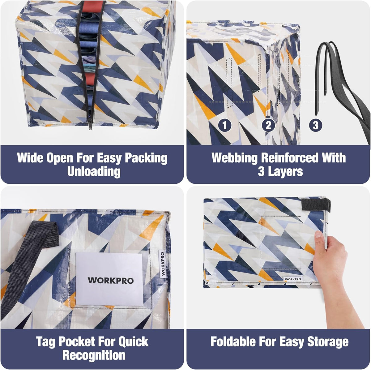 Extra large moving bag with wide zip opening, reinforced webbing, zigzag alphabet print