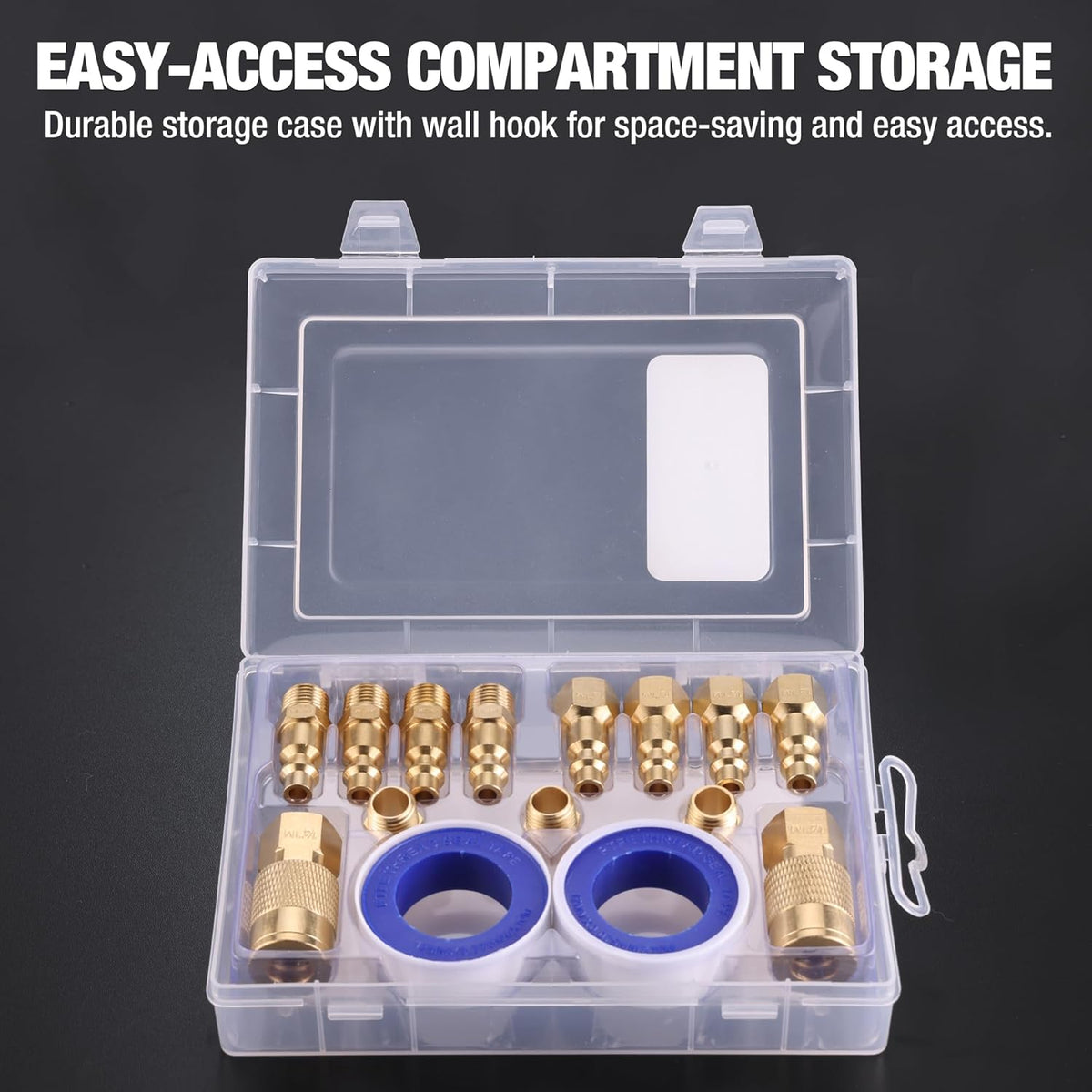 1/4 in NPT air hose fitting kit in clear storage case with brass fittings and seal tape