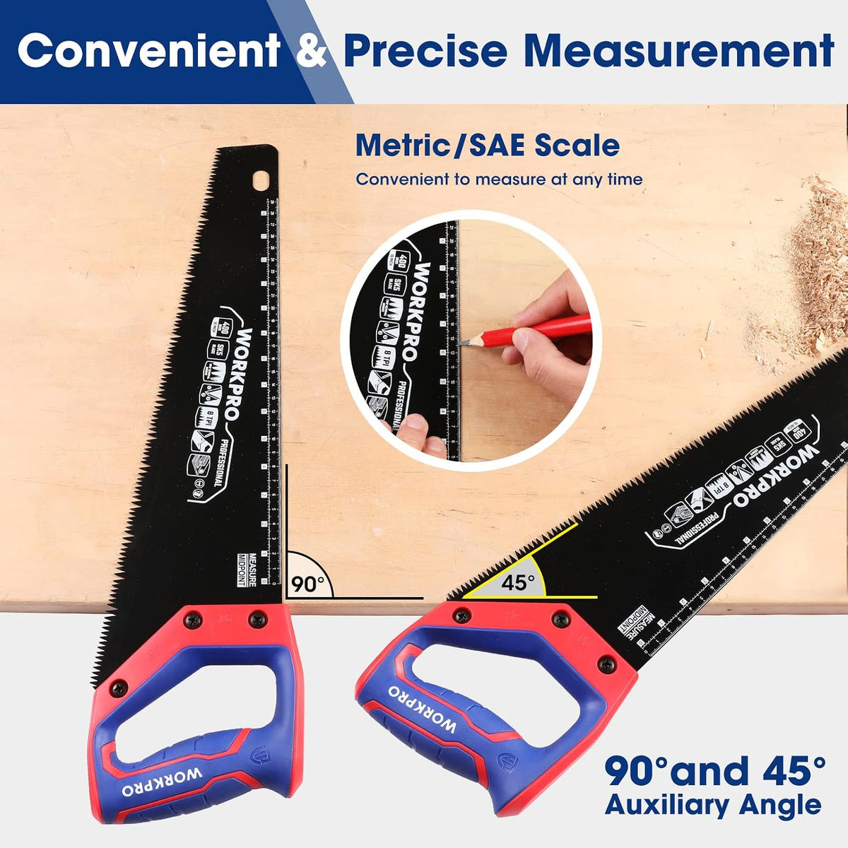 Workpro 16 inch universal handsaw with non-slip comfortable handle, red and blue grip, and convenient 90° and 45°
