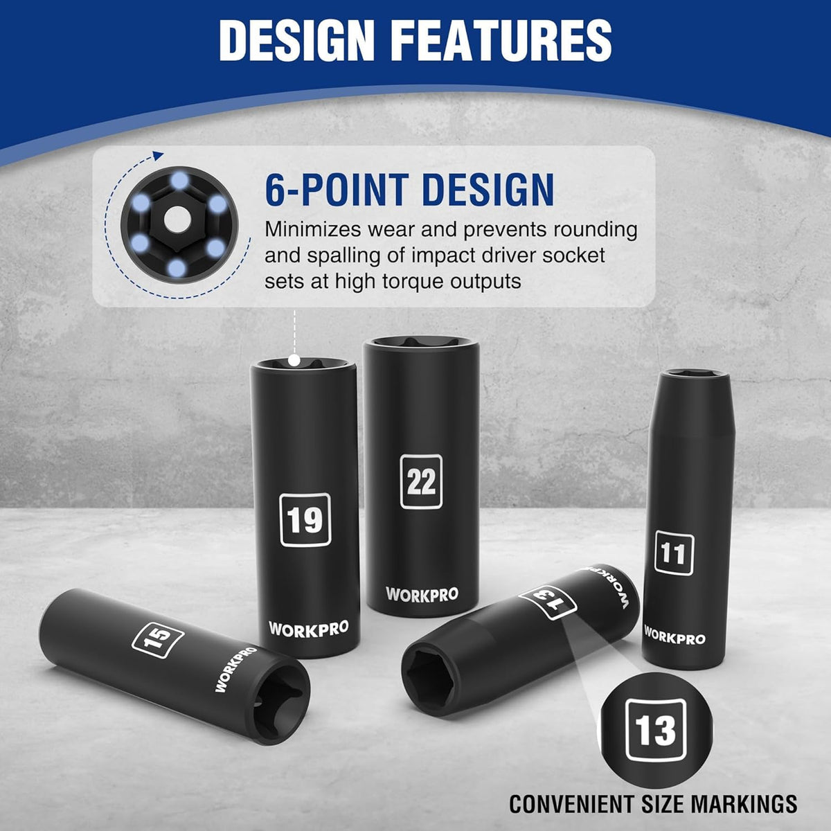 WORKPRO 1/2 in drive 6-point deep sockets with clear size markings, metric set