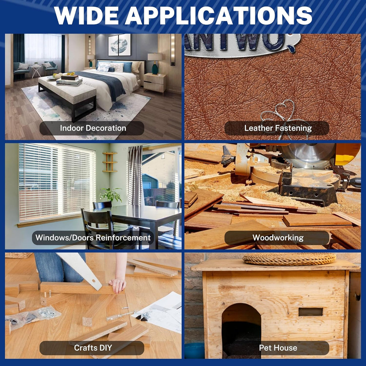 Printed promotional card with brad-nail application photos on furniture, leather, and wood