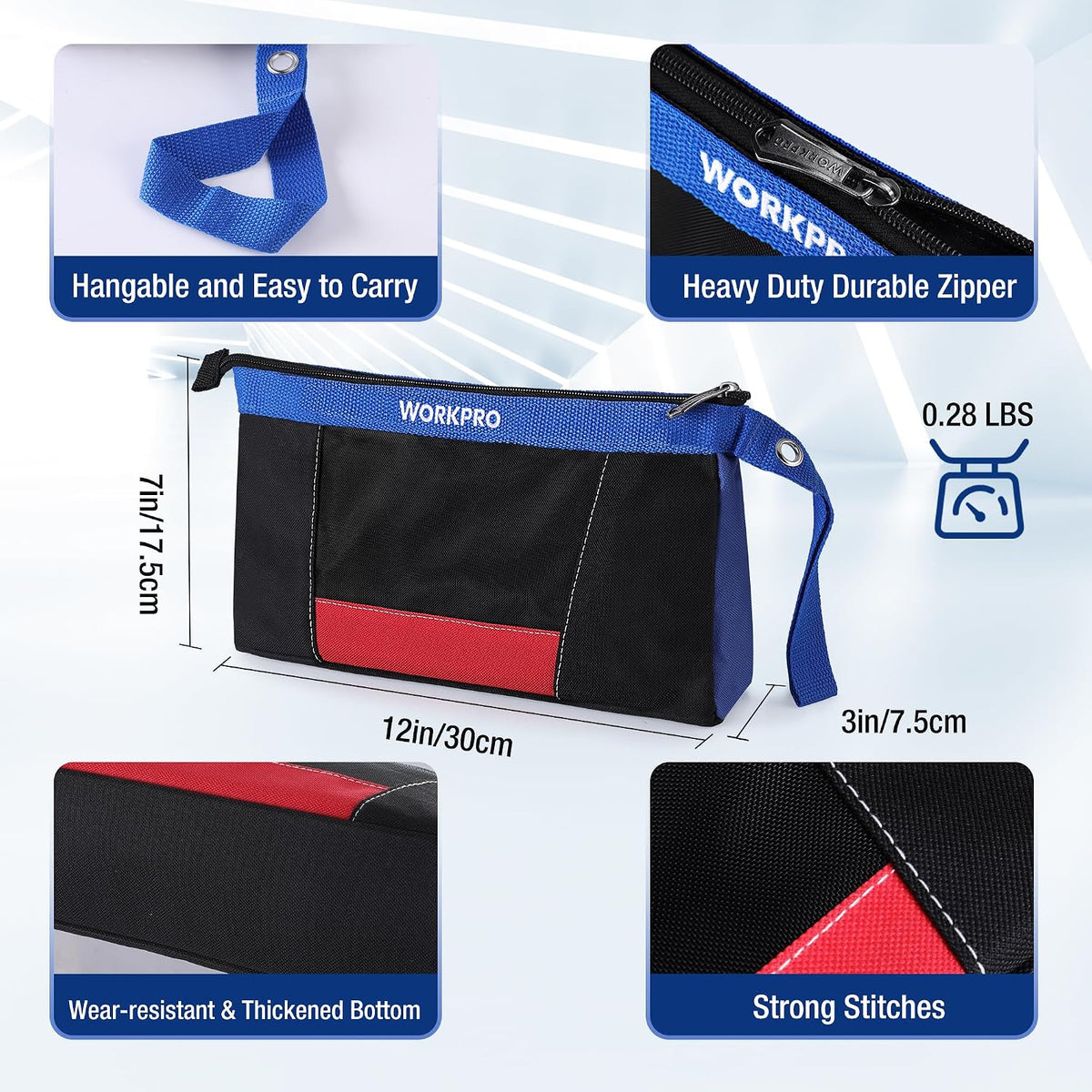 Workpro tool pouches with zipper in black, blue and red, featuring a 3 inch bottom for tool storage and organization.