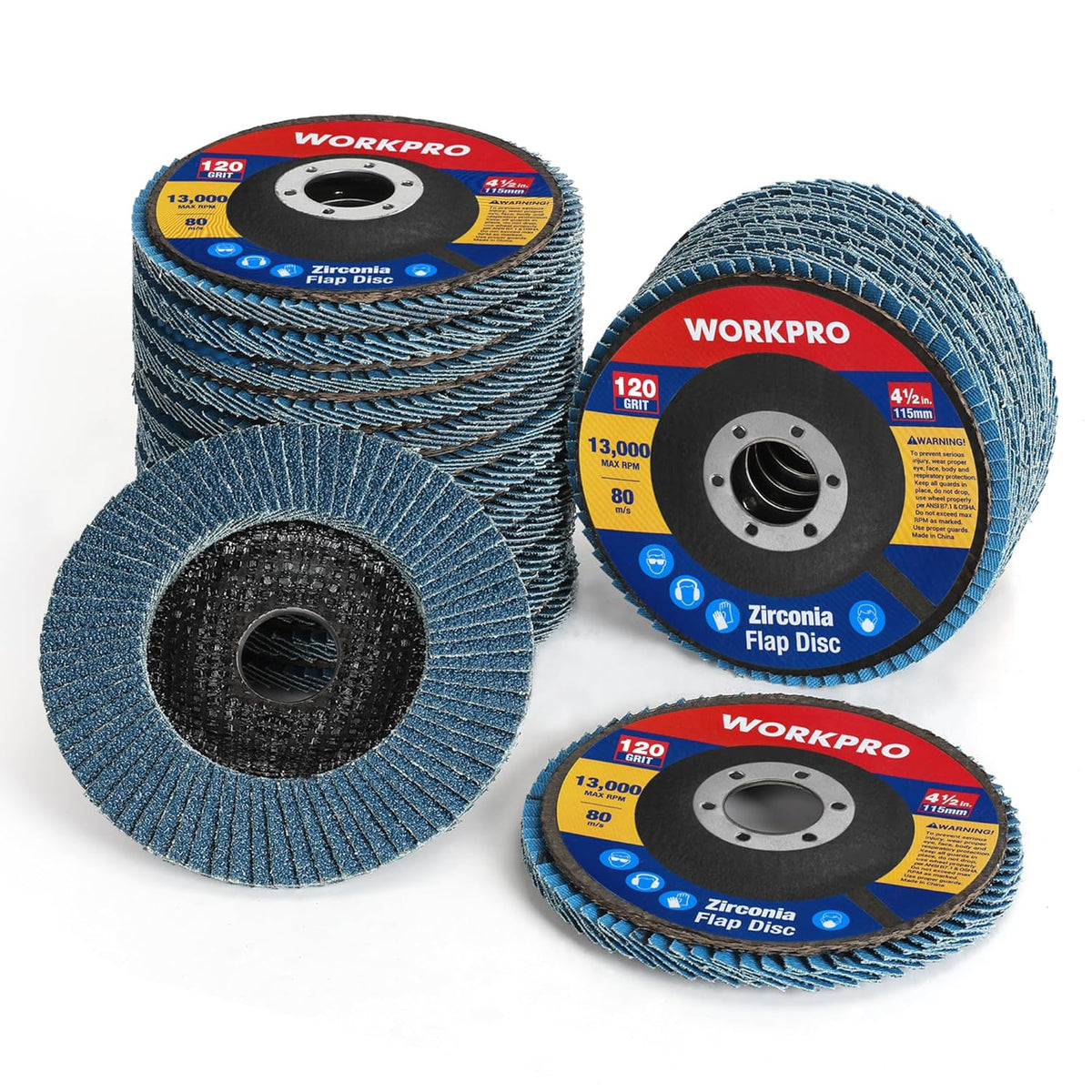 WORKPRO blue zirconia flap sanding discs, 20-pack with round metal backing