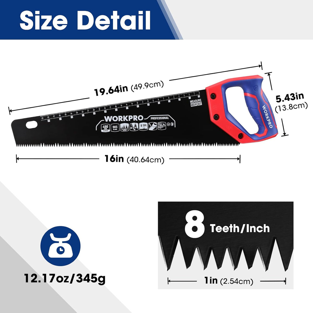 Workpro 16 inch universal handsaw with a black blade, red and blue handle, 19.64 inch length and 12.17 ounce weight.