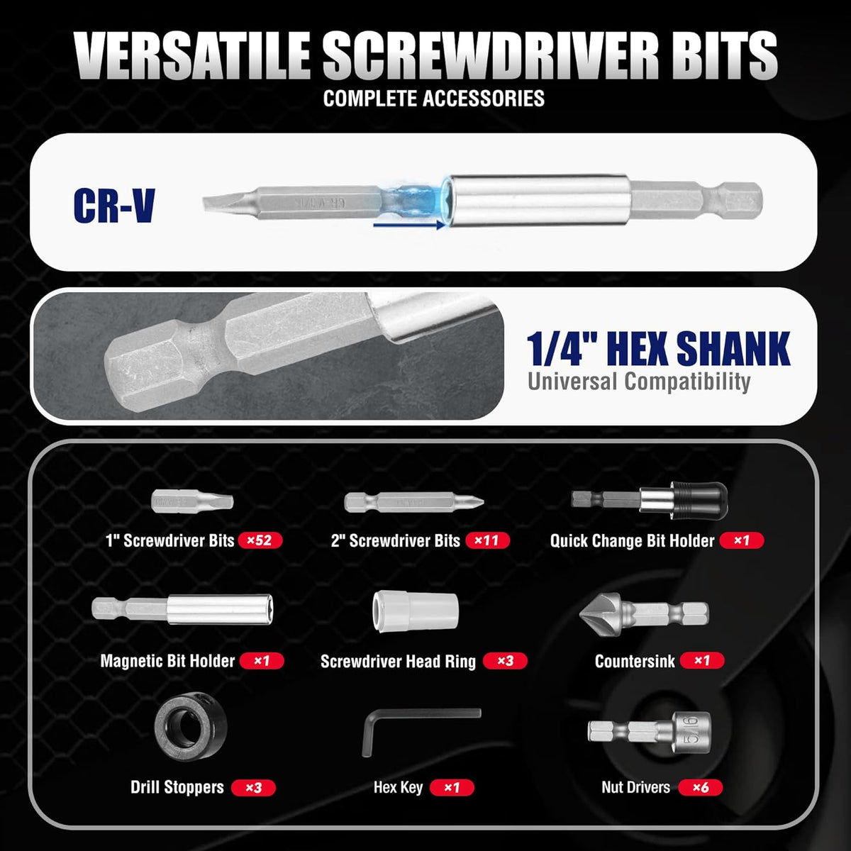 1/4 in hex shank screwdriver bits set with quick change magnetic bit holder