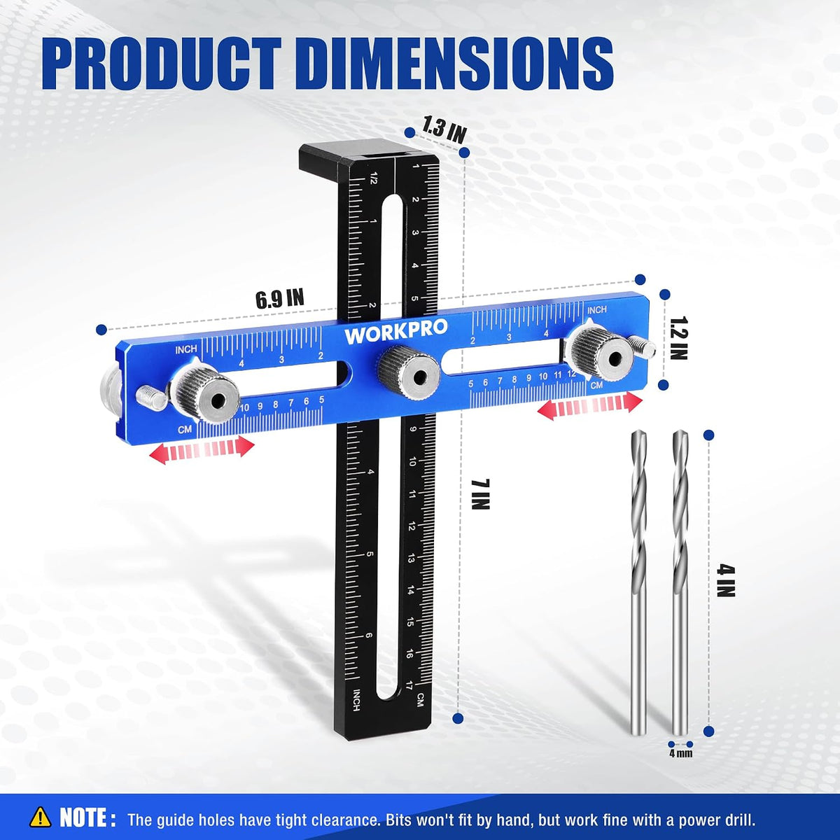 Blue aluminum cabinet hardware jig with dual scales and adjustable drill guide