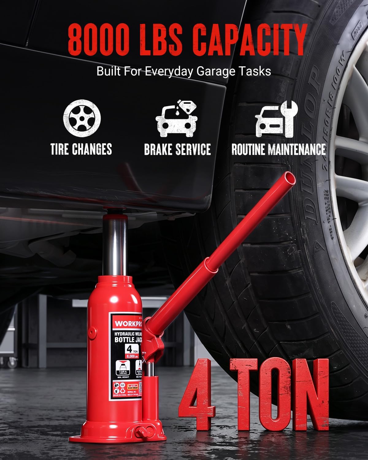 Workpro 4 ton heavy duty hydraulic bottle jack in red with welded steel construction for vehicle maintenance